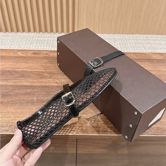 Alaia Black Mesh Mary Jane Flats with Patent Strap - Picture 4 of 7